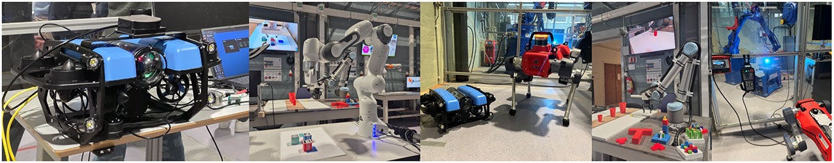 Robotic Systems of Field Robotics Lab: BlueROV2 with integrated sensors, robotic arms, quadrupedal robot and welding robots
