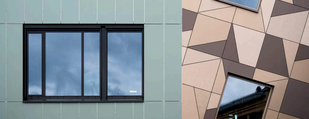 Walls of buildings with geometrical shapes up close. Photo