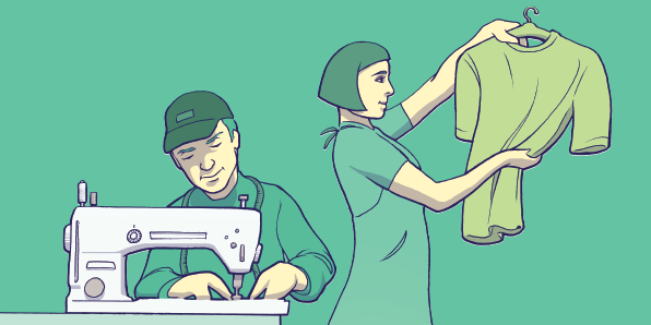 Drawing in shades of green showing a man working on a sewing machine and a woman holding a finished shirt. 