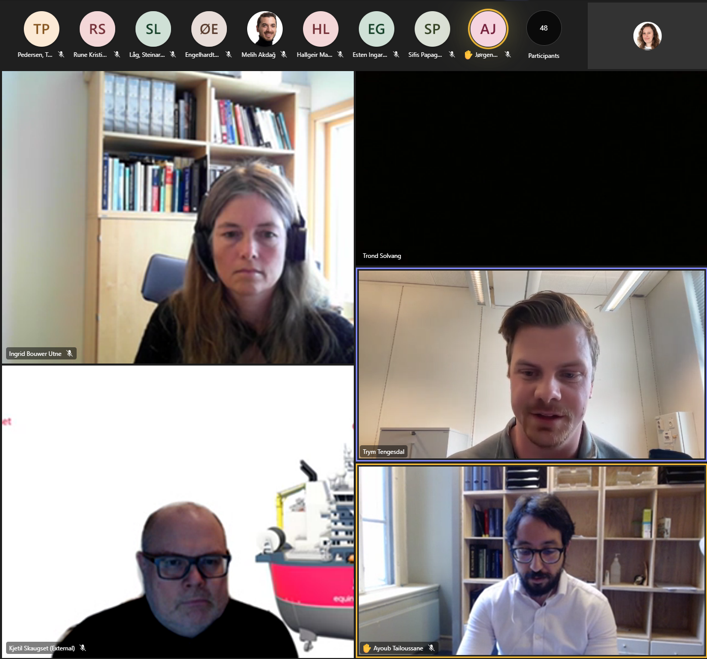 Screenshot from webinar on COLREGS in March 2023, showing Professor Ingrid Bouwer Utne (NTNU), postdoc Trym Tengesdal (NTNU), Kjetil Skaugset from DNV, and PhD Ayoub Tailoussane (UiO).