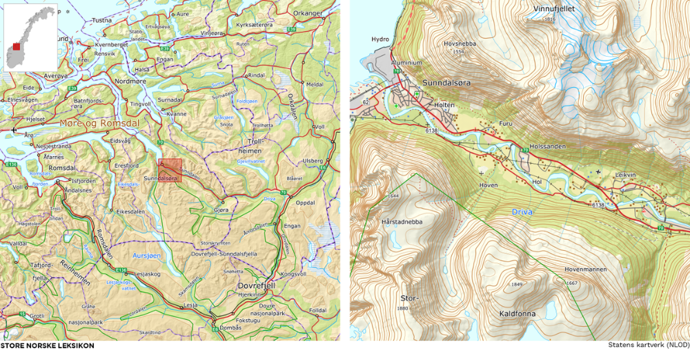 Map showing Driva river's location in Norway