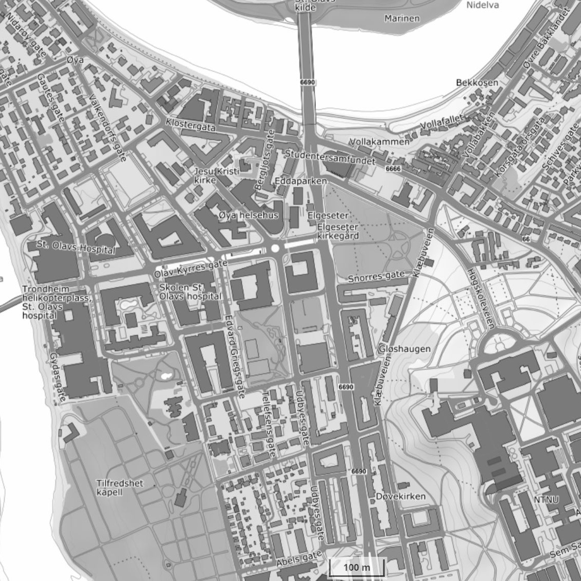 Map over test area for MoST project: Øya, Trondhiem