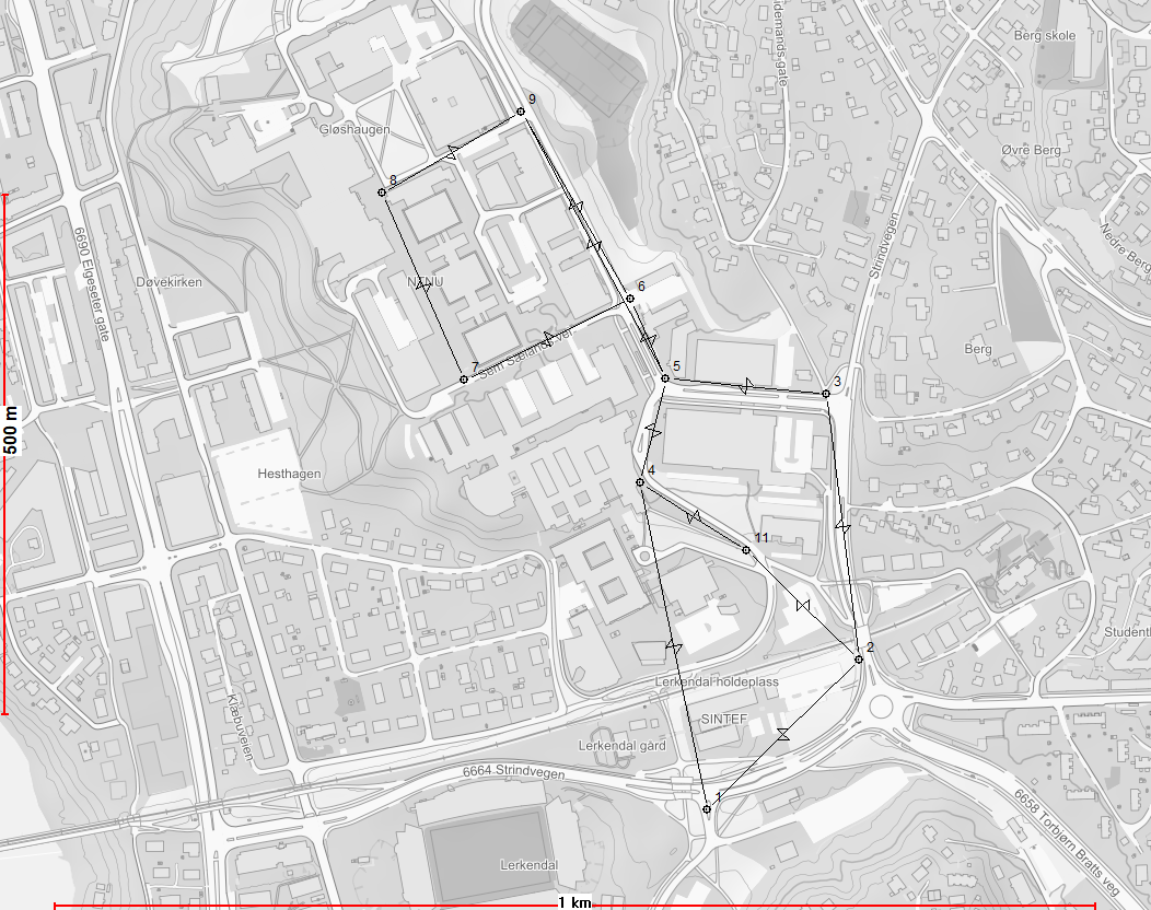 Map over test area NTNU Gløshaugen