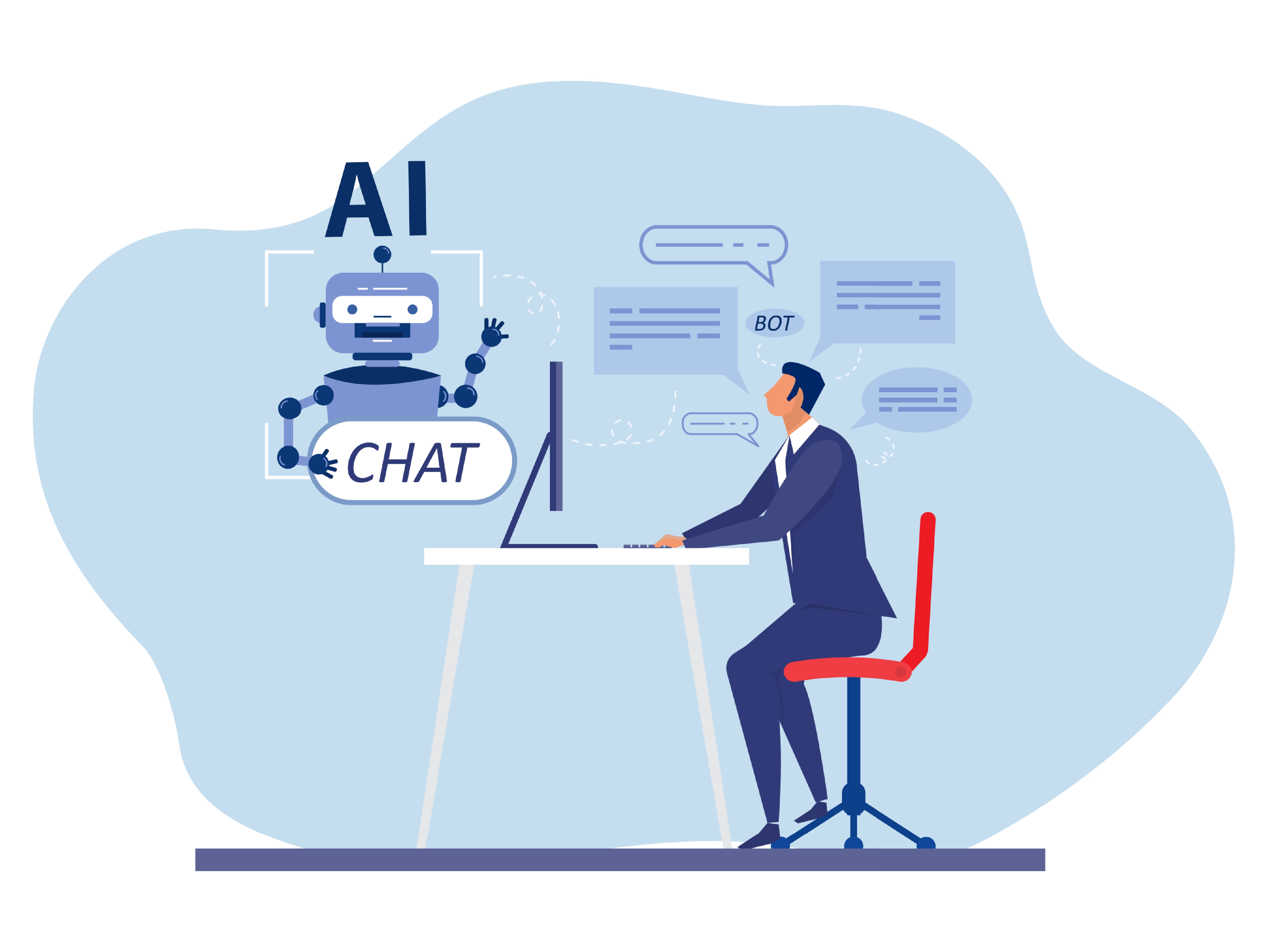 An illustration of a person chatting with an AI chatbot on their computer.