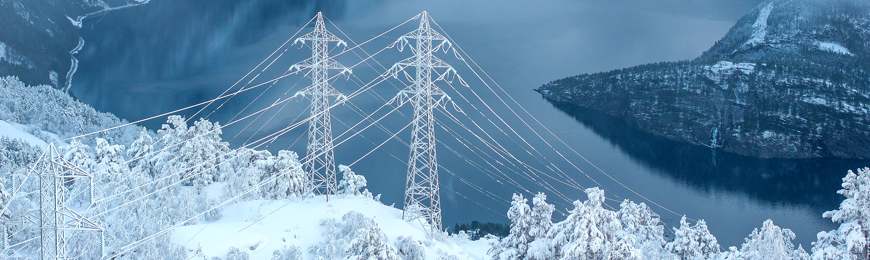 High voltage power lines over a fjord in a mountainous terrain with snow.