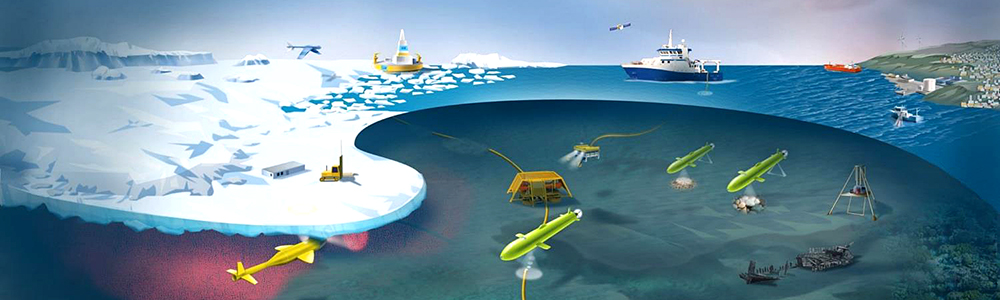 Iceberg with water around where there are boats and submarines. Illustration