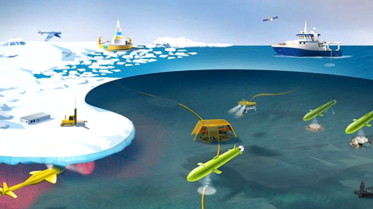 Iceberg with water around where there are boats and submarines. Illustration