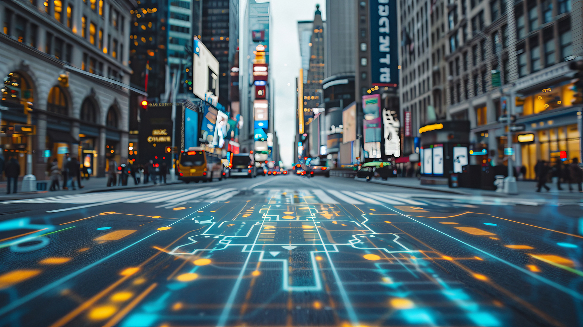  Photo of street in a large city with many tall buildings. 