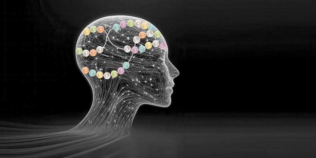 Artistic illustration of a human brain with rows of episodic events forming memories