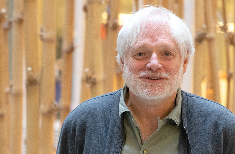 A man with bamboo in the background