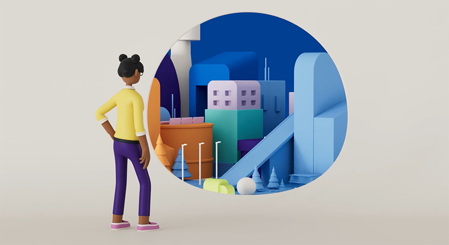 An animation of a woman looking into a circle with a city
