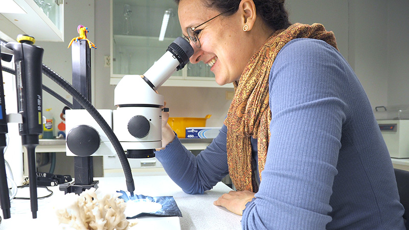 A researcher looking into a microscope while smiling next to a coral